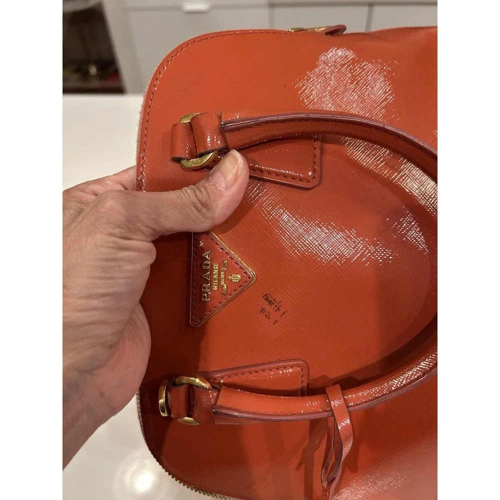 Prada Saffiano Vernice Promenade Patent Leather Orange Hand Bag Purse Top Handle